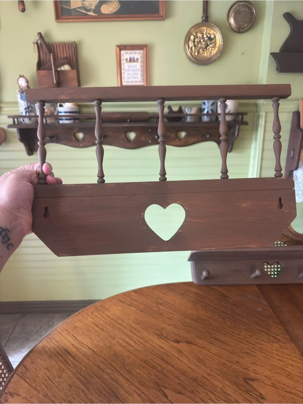 Brown Wooden Heart Wall Shelf with Hooks - Brand